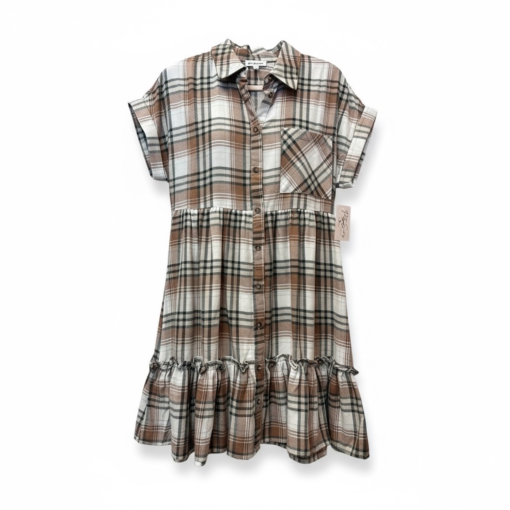 Soft Plaid Boutique Dress – Ruffle Hem Button Down -Large